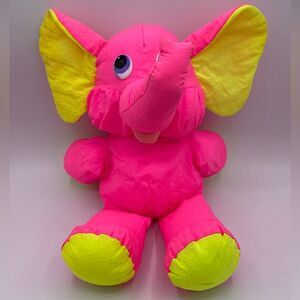 Vtg Barnum Bailey Circus Plush Hot Pink Yellow Elephant Nylon Puffy Fluorescent